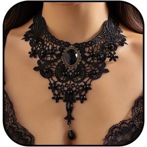 Black Lace Choker Necklace for Women Gothic Collar Choker Necklace Black Crystal
